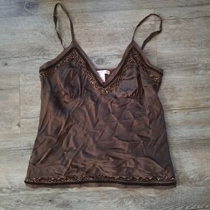 Gold Hawk Vintage Brown Silk Camisole with Beading & Velvet Accents Y2K Boho 90s